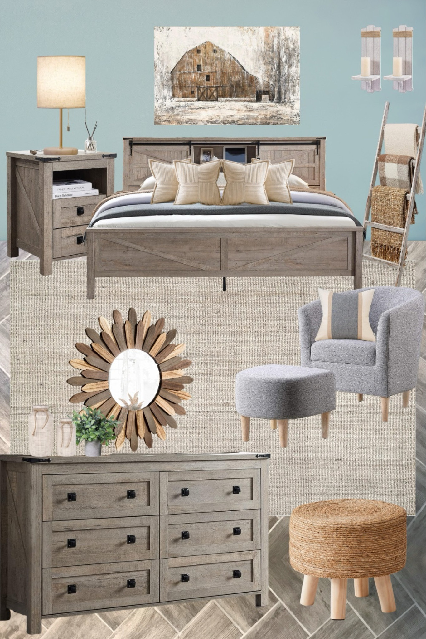 Rustic farmhouse bedroom design with a farmhouse bed frame, dresser, and matching nightstand.

#LTKHome