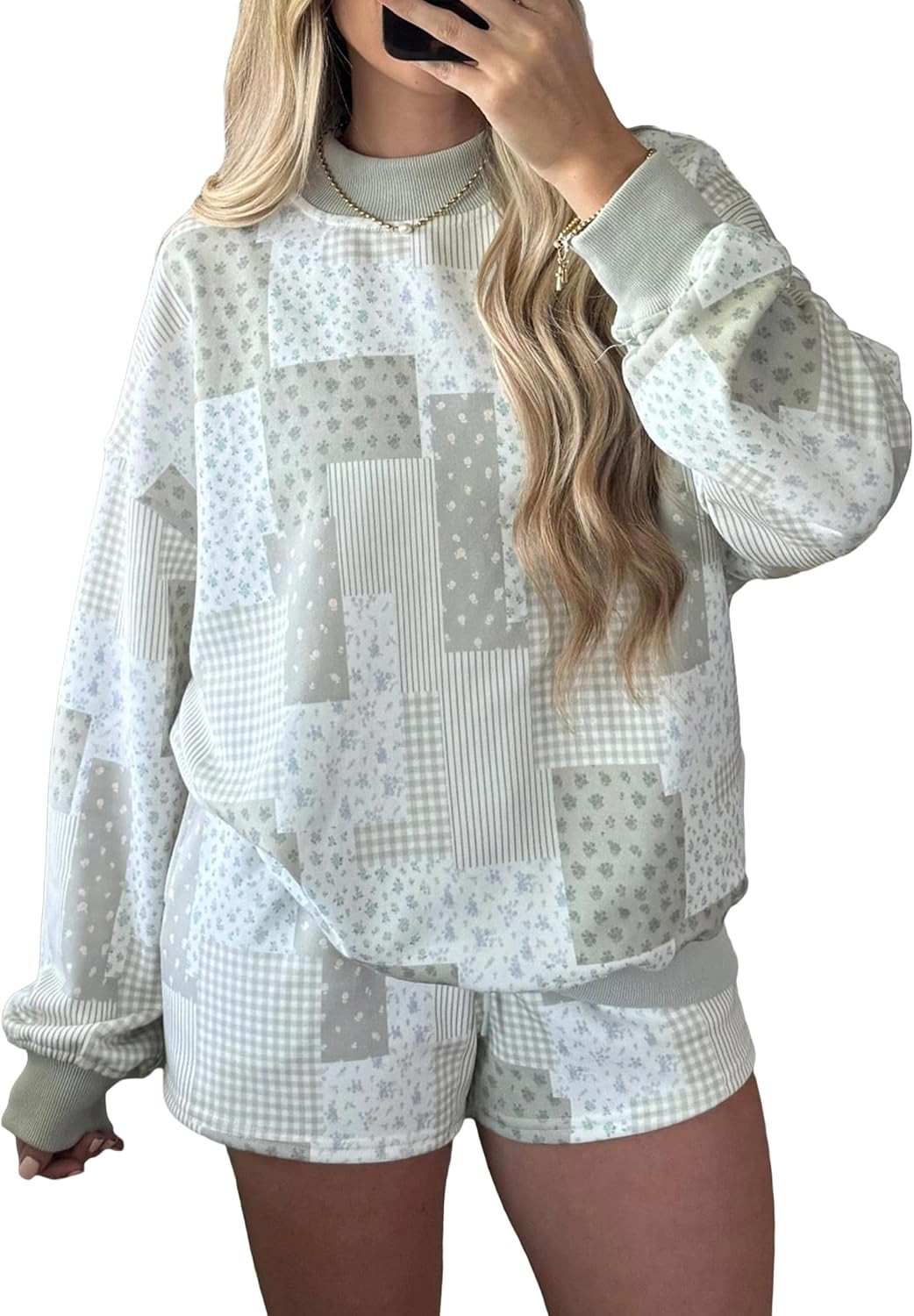 Womens Patchwork Floral Print Baggy Pullover Drawstring Shorts Matching Set | Amazon (US)