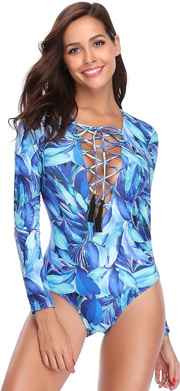 Women One Piece Long Sleeve Swimsuit Deep V Neck Bathing Suit | Amazon (US)