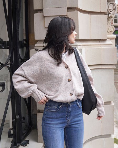 cardigan by French Connection 
Jeans by French Connection via Marks & Spencer 
suede clogs by Marks & Spencer 
cotton modern tee by Marks & Spencer 
leather shoulder bag by Marks & Spencer 

#LTKeurope #LTKstyletip #LTKSeasonal