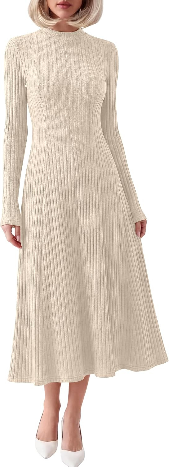 ANRABESS Womens Fall Ribbed Knit Mock Neck Long Sleeve Midi Dress | Amazon (US)