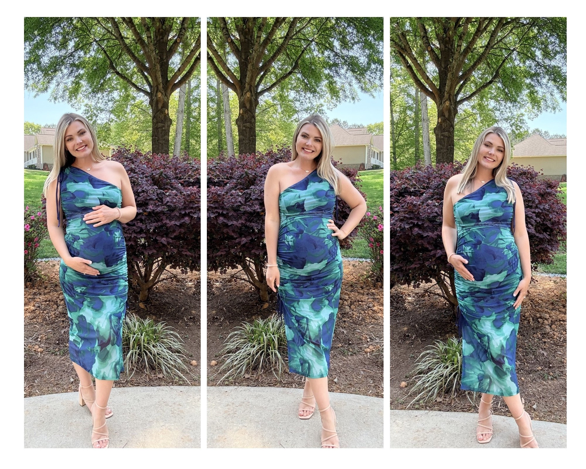 Women One Shoulder Bodycon Mesh Ruched Long Dress Summer Sexy Slit Floral Print Wedding Guest Cocktail Dresses
Blue and green 
Amazon fashion, one should dresss

Spring summer style 
Bump friendly!! Slit can cinch up or be left down. 

#LTKWedding #LTKBump #LTKPetite