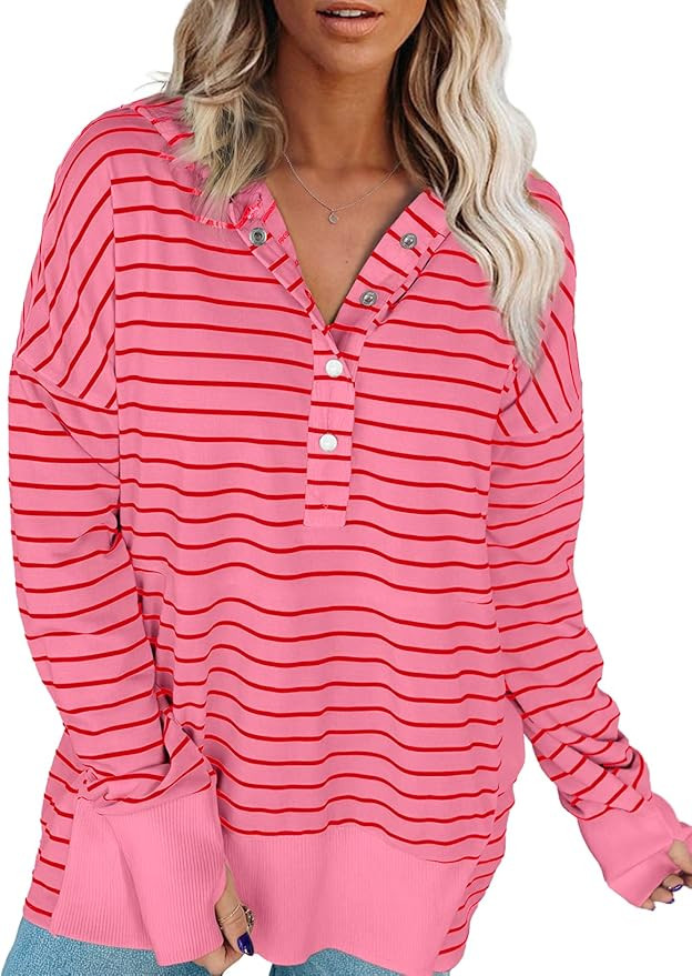 SHEWIN Hoodies for Women Casual V Neck Long Sleeve Striped Hooded Sweatshirt with Pocket Button P... | Amazon (US)