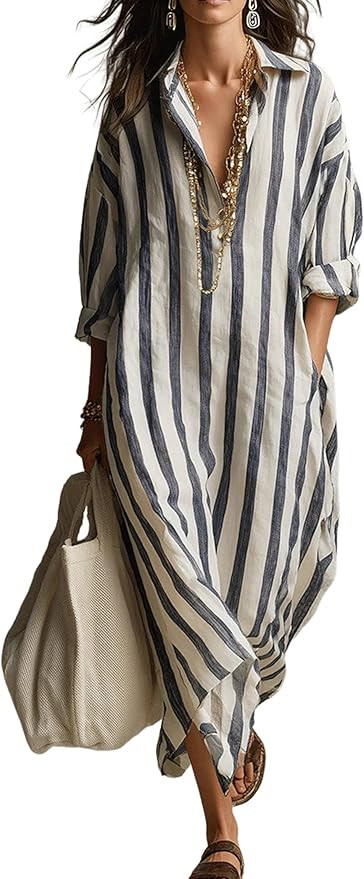 Qiaomai Womens Striped Shirt Maxi Dress Oversizesd V-Neck Long Sleeve Kaftan Beach Dress Cover-Up... | Amazon (US)