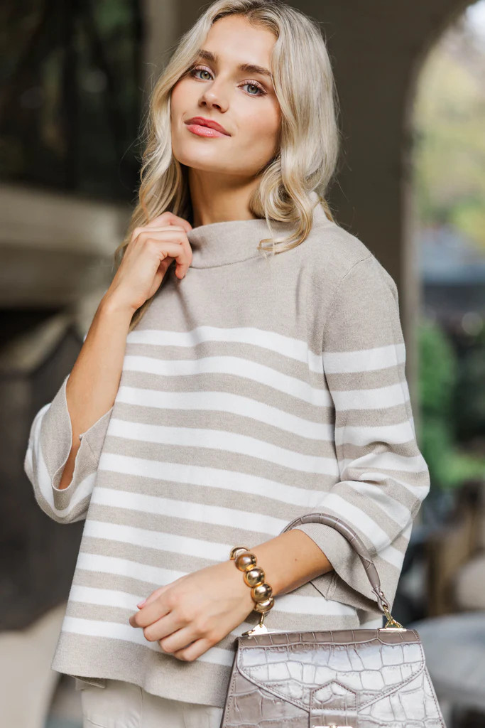 Just A Feeling Taupe Striped Mock Neck Sweater | The Mint Julep Boutique