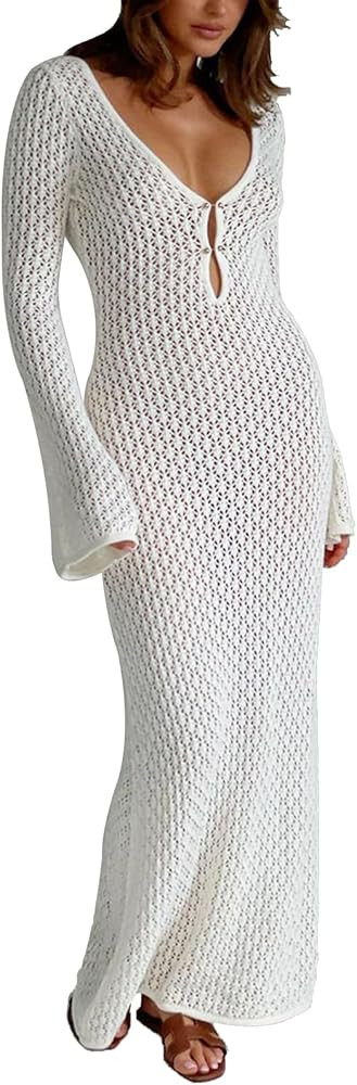 Leoparts Crochet Swimsuit Cover Up for Women Sexy V Neck Hollow Out Backless Maxi Dress Beach Bik... | Amazon (US)