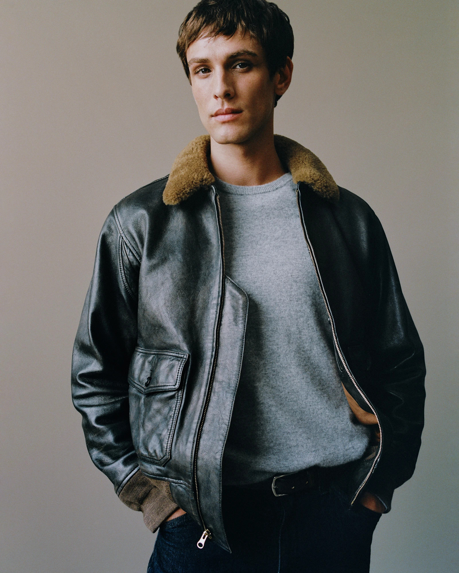 Shearling Collar Leather Flight Jacket | Quince