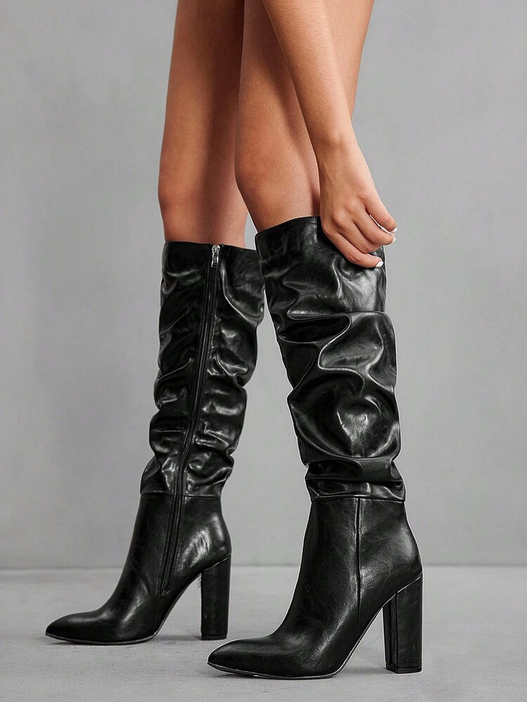 CUCCOO SZL Black Pointed Toe Chunky High Heel Knee-High Boots With Side Zipper, Sexy For Women, Autumn/Winter | SHEIN