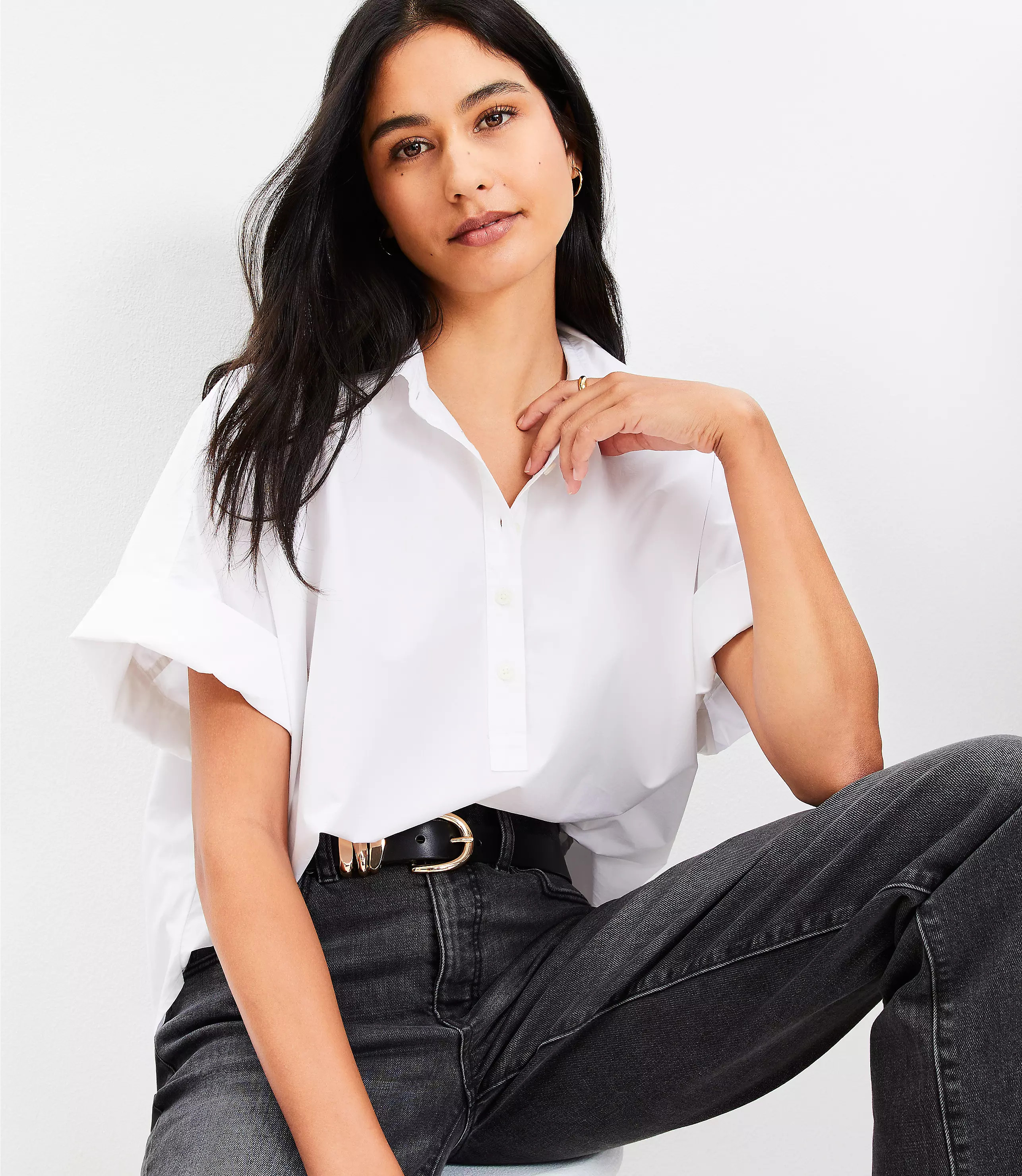 Petite Poplin Henley Dolman Everyday Tunic Shirt | LOFT