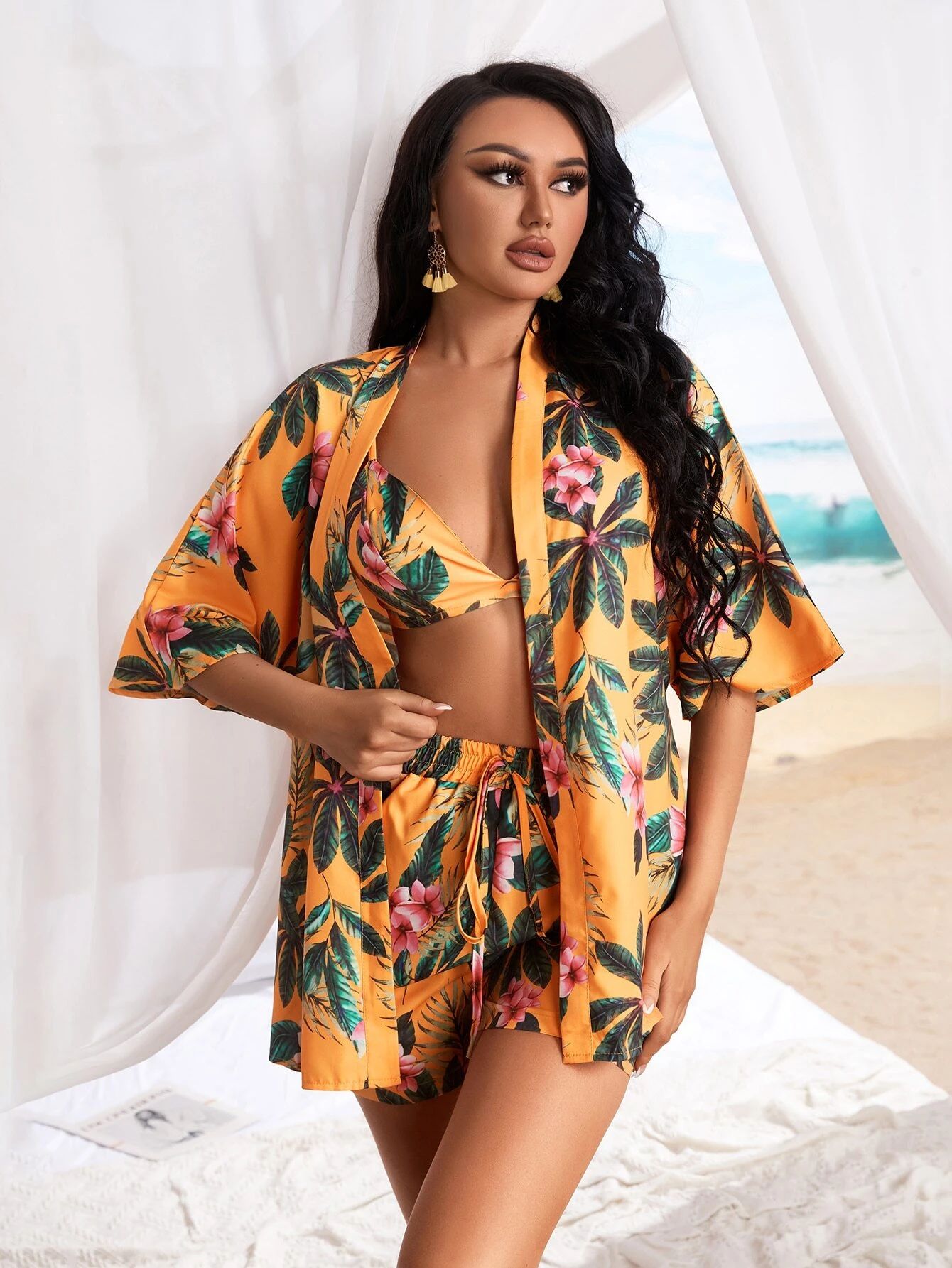 SHEIN SXY Tropical Print Blouse & Cami Top & Knot Front Shorts | SHEIN