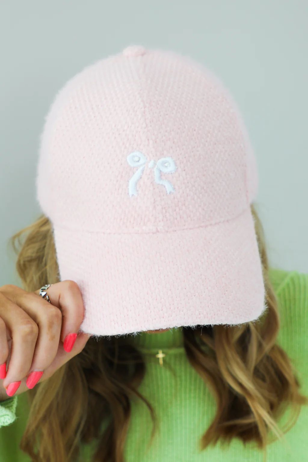 Embroidered Bow Fuzzy Baseball Cap: Pink/White | Shophopes