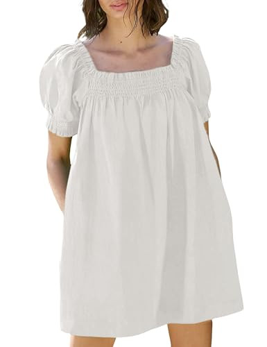 Huaqiao Womens Summer Mini Dress 2026 A-Line Square Neck Puff Sleeve Beach Sundress Casual Short ... | Amazon (US)