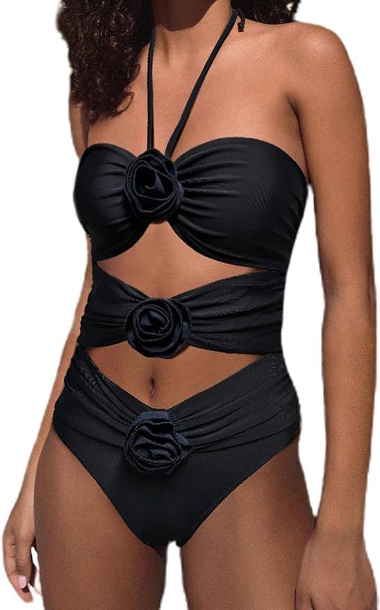 BIKINX Sexy One Piece Swimsuit for Women Cutout Halter Tops Bathing Suits 3D Flower Decor Monokin... | Amazon (US)
