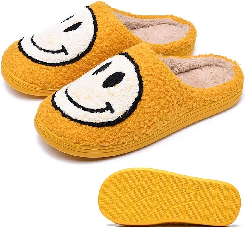 Women's Men's Retro Cute Smiley Face Soft Plush Comfy Warm Couple Slip-On House Slippers For Winter  | Amazon (US)