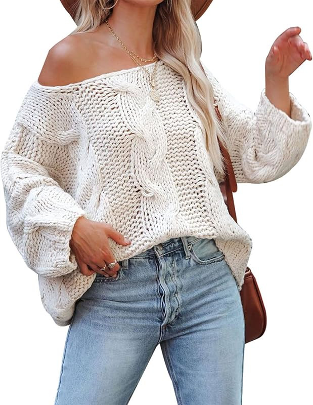 Women's Oversized Knit Crewneck Off Shoulder Long Sleeve Loose Solid Color Pullover Sweater Top | Amazon (US)