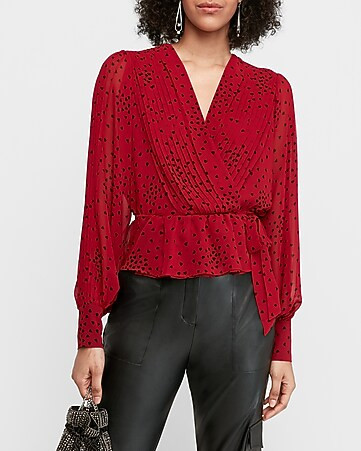 Pleated Heart Print Wrap Front Peplum Top | Express