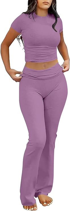 ANRABESS Lounge Sets for Women 2 Piece Foldover Yoga Flare Leggings Pants Crop Tops Casual Y2K Ou... | Amazon (US)