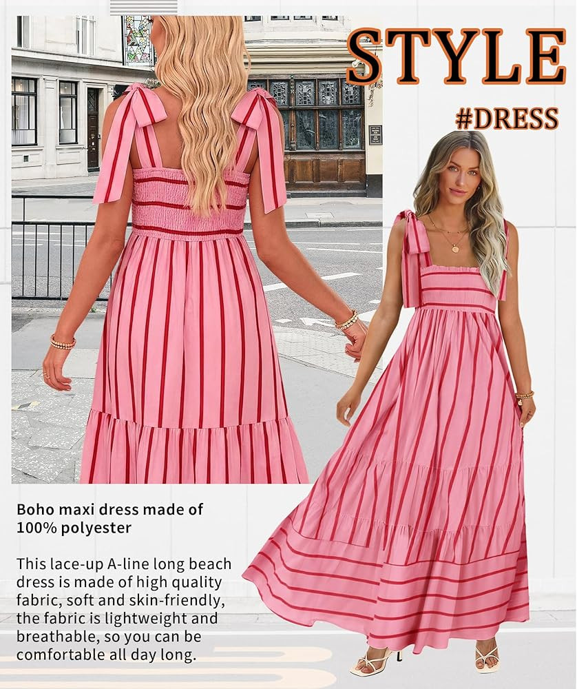 CURBODO Women's Summer Maxi Dress Boho Spaghetti Straps Casual Long A-line Smocked Beach Dress Sq... | Amazon (US)