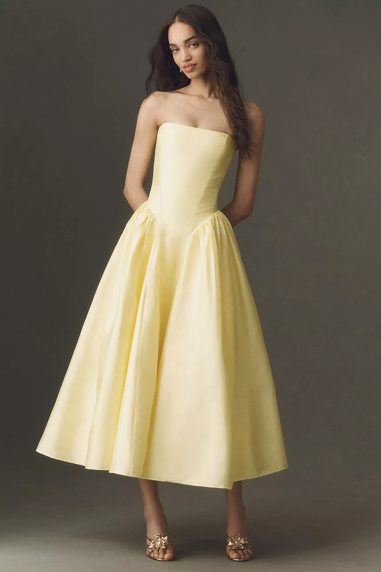 BHLDN Strapless Basque-Waist A-Line Midi Dress | Anthropologie (US)