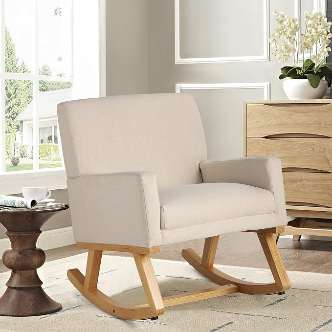 Grepatio Upholstered Wood Rocking Chair, Comfy Nursery Rocker with Soft Padded Seat, Lounge Armch... | Amazon (US)