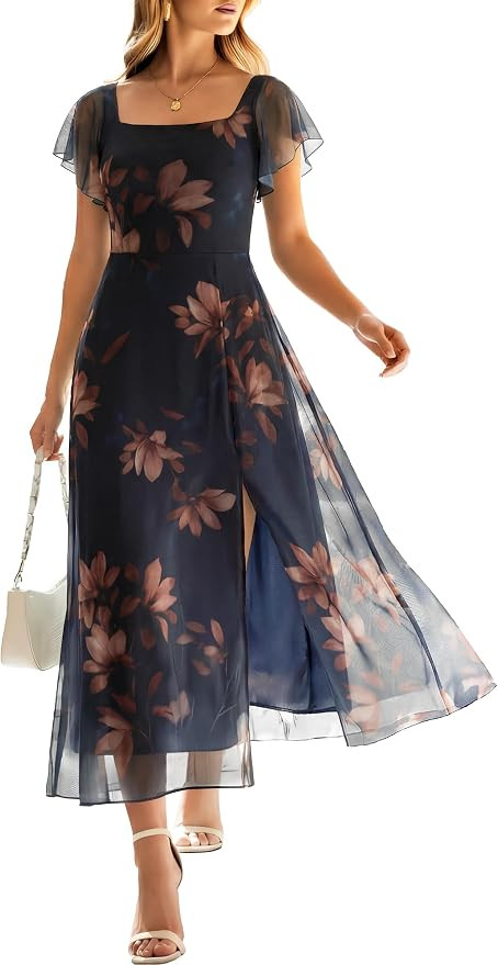 Caracilia Women Square Neck Floral Tulle Wedding Guest Bridemaid Dresses Summer Ruffle Sleeve Hig... | Amazon (US)