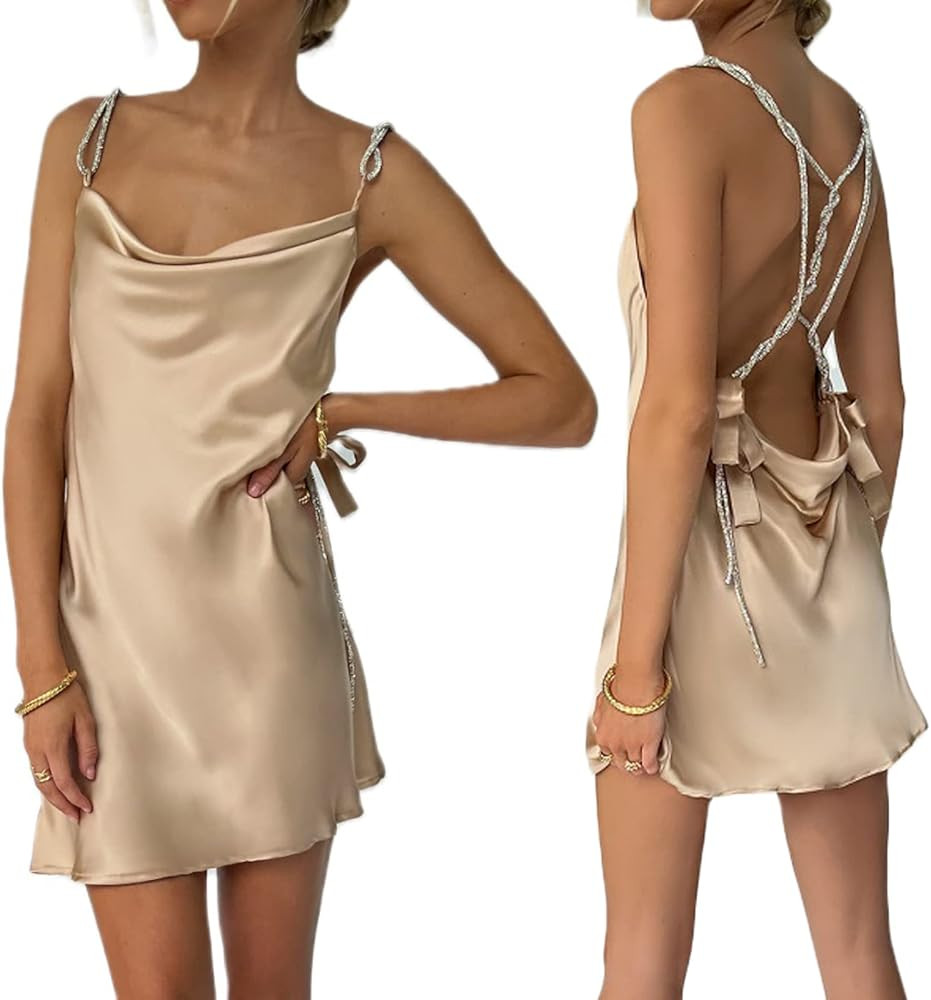 Reachlight Women Girls Backless Sequin Dresses Spaghetti Strap Deep V-Neck A-line Short Dress Sparkl | Amazon (US)