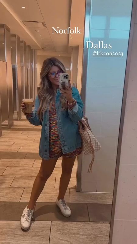 Airport Outfit Details
Green Long Sleeve from before GRWM-
Dressed in LaLa 
Glasses- Amazon
Skittles Set- Show Me Your Mumu
Denim Shacket- Free People
Sneakers - Golden Goose
Purse- Vintage Boho Bags 
Earrings- Walmart 
Necklaces- Sis Kiss & Waffles and Honey 