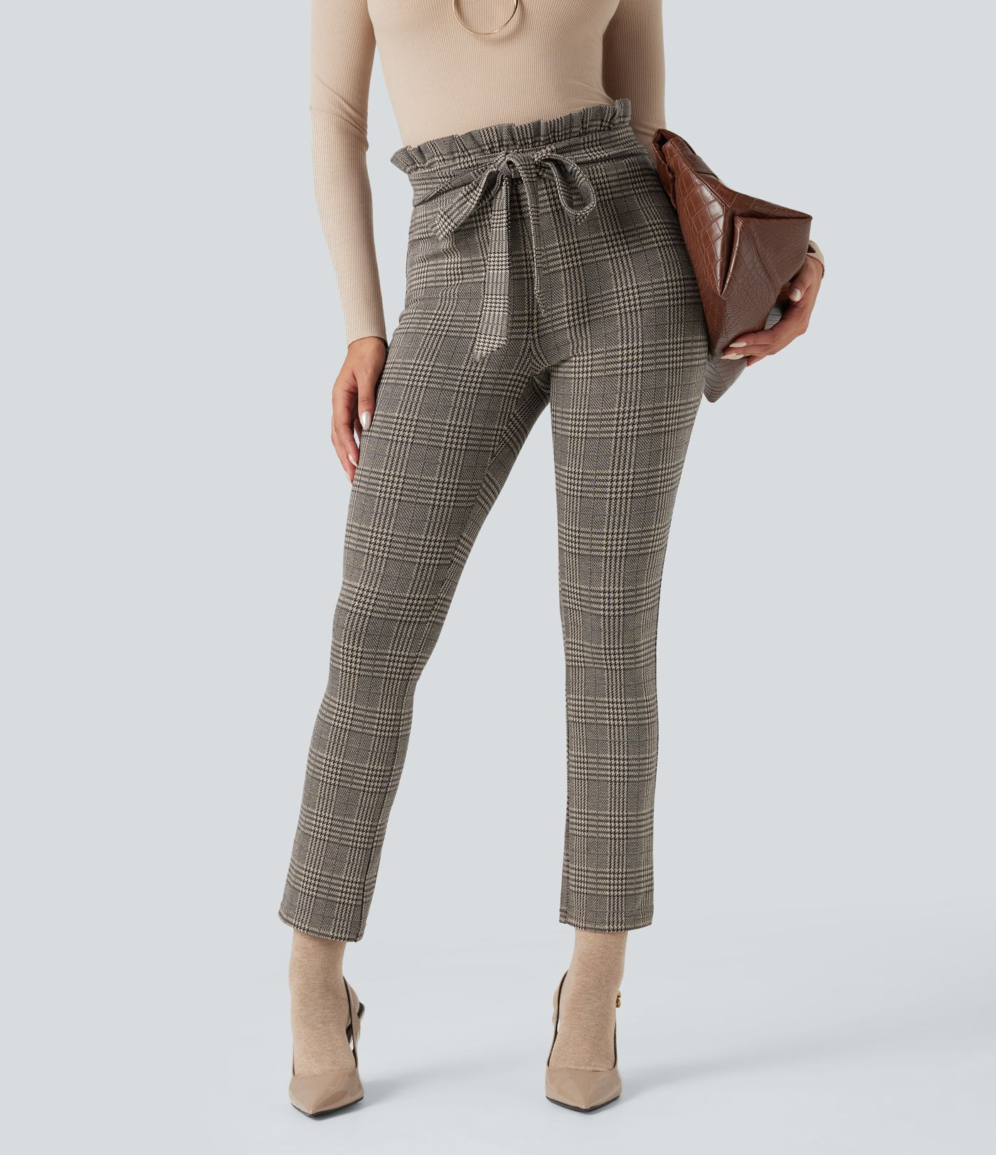 Women’s Halara Flex™ Paper Bag High Waisted Tie Houndstooth Plaid Work Skinny Pants with Pock... | HALARA