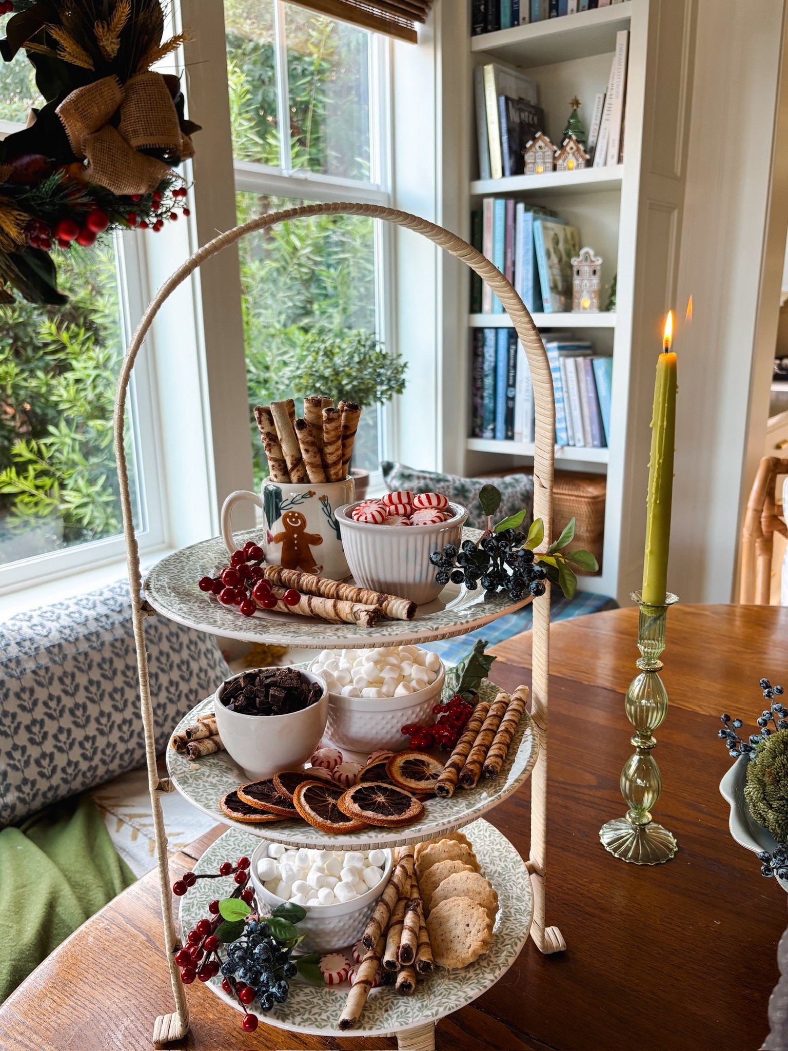 A festive hot chocolate bar ☕️ 🎄 To display the hot chocolate bar toppings, we used this tiered rattan stand with the dinner plates from this gorgeous dish set. Little bowls for marshmallows and dark chocolate, treats tucked in here and there, and for a pretty seasonal touch we embellished the plates with preserved oranges and sprigs of faux berries.

#LTKHome #LTKParties #LTKHoliday