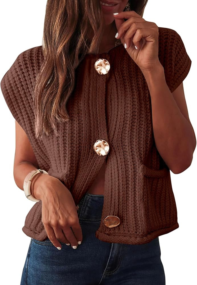 ANRABESS Women Chunky Knit Sweater Vest Button Down Casual Sleeveless Cardigan with Pockets Sprin... | Amazon (US)