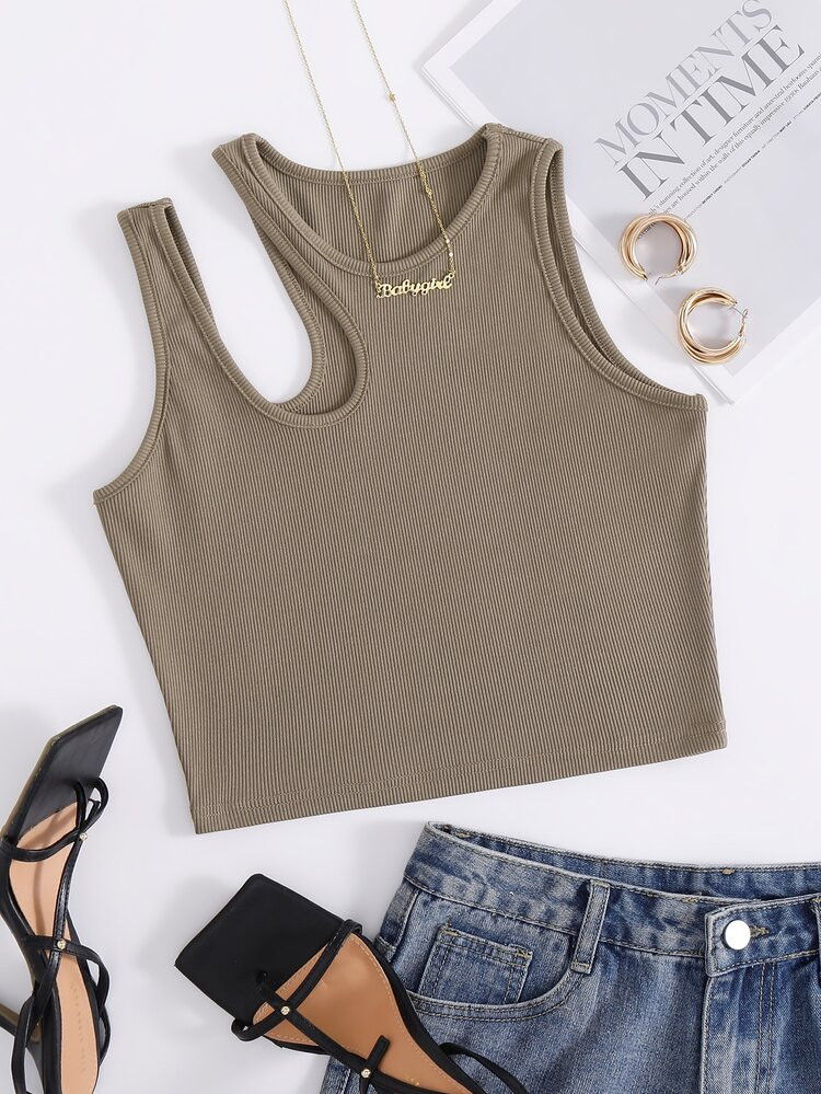 SHEIN EZwear Asymmetrical Neck Rib-knit Crop Tank Top | SHEIN