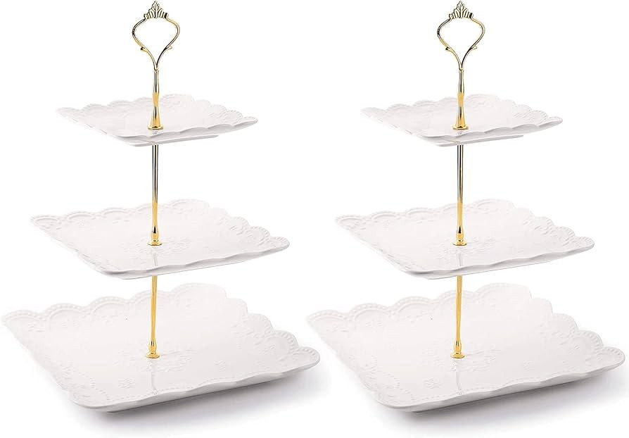 Tebery 2 Pack 3-Tier White Ceramic Embossed Dessert Cake Tower Stand with Gold Carry Handle, Cupc... | Amazon (US)