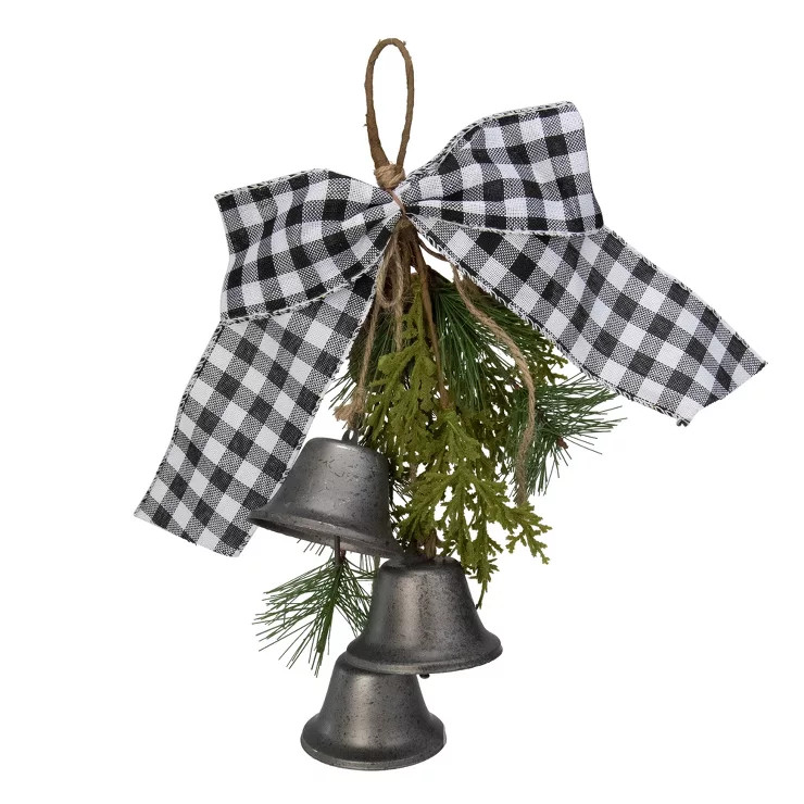 Melrose 13" Black and White Gingham Tie with Bells Christmas Door Hanger | Target
