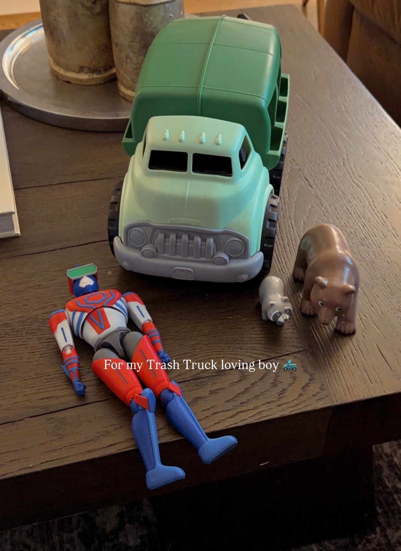 My makeshift gift for my son who’s two and loves trash truck haha! It’s perfect actually. The highbeam superhero figurine does come apart but he doesn’t mind and it’s kind of interactive to put his legs and arm back on 🤣🤣 was a huge hit!! 

#LTKmomlife #LTKKids