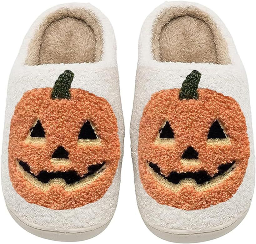 Halloween Pumpkin Slippers for Womens Mens Plush Warm Spooky Lantern Pumpkin Slippers House Shoes | Amazon (US)