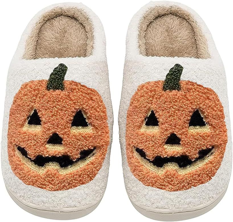 Halloween Pumpkin Slippers for Womens Mens Plush Warm Spooky Lantern Pumpkin Slippers House Shoes | Amazon (US)