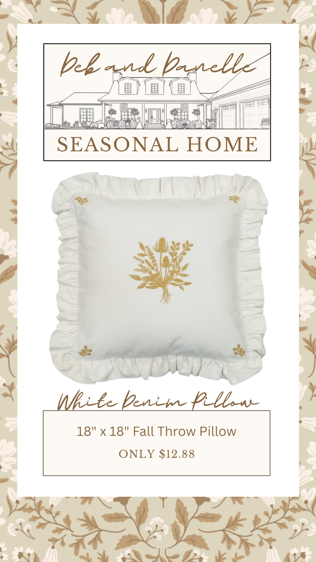 This 18" x 18" throw pillow from Walmart has a denim texture, soft gold accents, and a lovely ruffled edge.  

 #LTKSeasonal #LTKHome