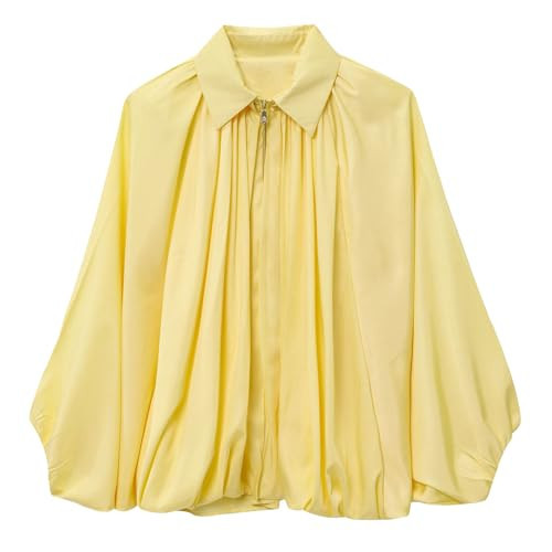 Talakeno Womens Puffed Bomber Jacket Casual Batwing Sleeve Lapel Collar Zip Shirts Oversized Pleated Streetwear Jackets(Yellow,L) | Amazon (US)