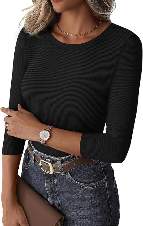 GKBK Womens 3/4 Sleeve Tops Crew Neck Ribbed Slim Fit Tight Shirts Basic Tee Shirt Spring Fashion... | Amazon (US)