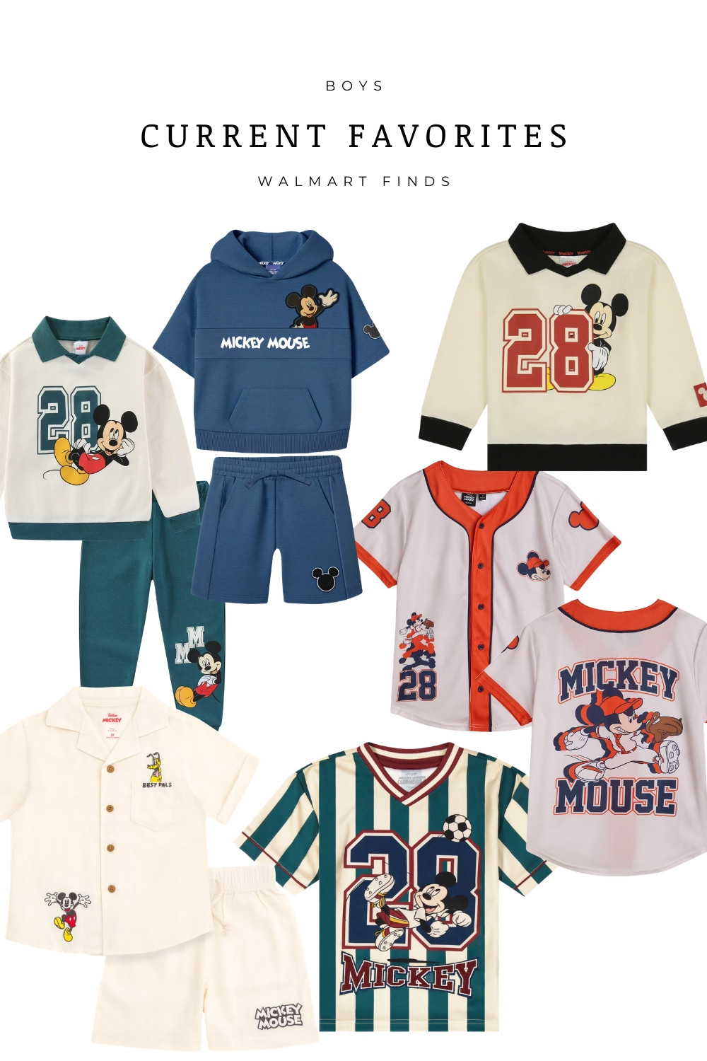 Boys Disney outfits from Walmart featuring classic Mickey Mouse sets that are perfect for spring and summer. These affordable Walmart finds include Mickey Mouse hooded short sets, boys character sweat sets, baseball style jerseys, striped soccer tees, and lightweight button down short sets. Great for everyday play, Disney park outfits, matching sibling looks, and vacation outfits for kids. Trendy boys Disney clothes, toddler boy character outfits, and budget friendly kids fashion finds all in one place.