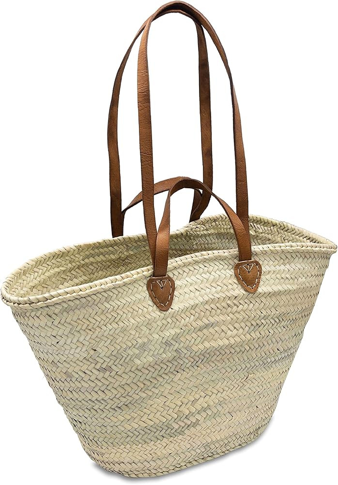 French Basket with Double Flat Leather Handles – Straw Bag, Beach Tote, Wicker Market Basket, H... | Amazon (US)