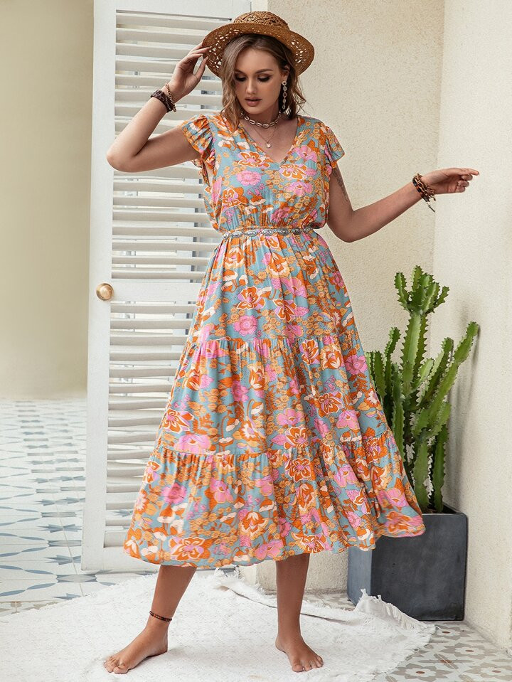 Rusttydustty Plus Floral Print Butterfly Sleeve Ruffle Hem Dress Without Belt | SHEIN