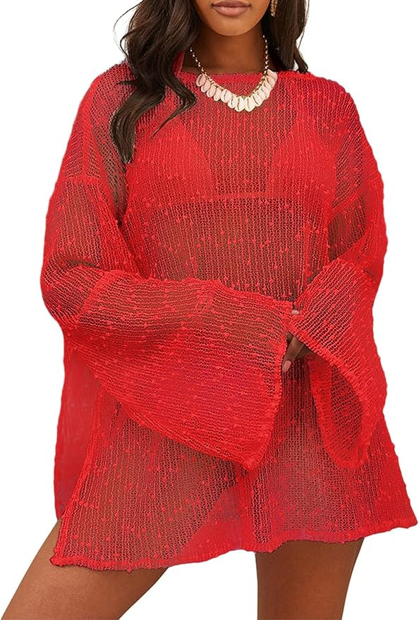 Lilosy Sexy Crochet Sheer Kaftan Caftan Beach Dress Bathing Suit Swim Coverup One Piece | Amazon (US)