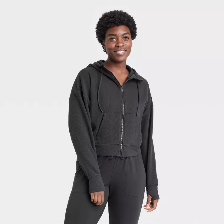 Women's Ribbed Fleece Cropped Hooded Sweatshirt - All in Motion™ | Target