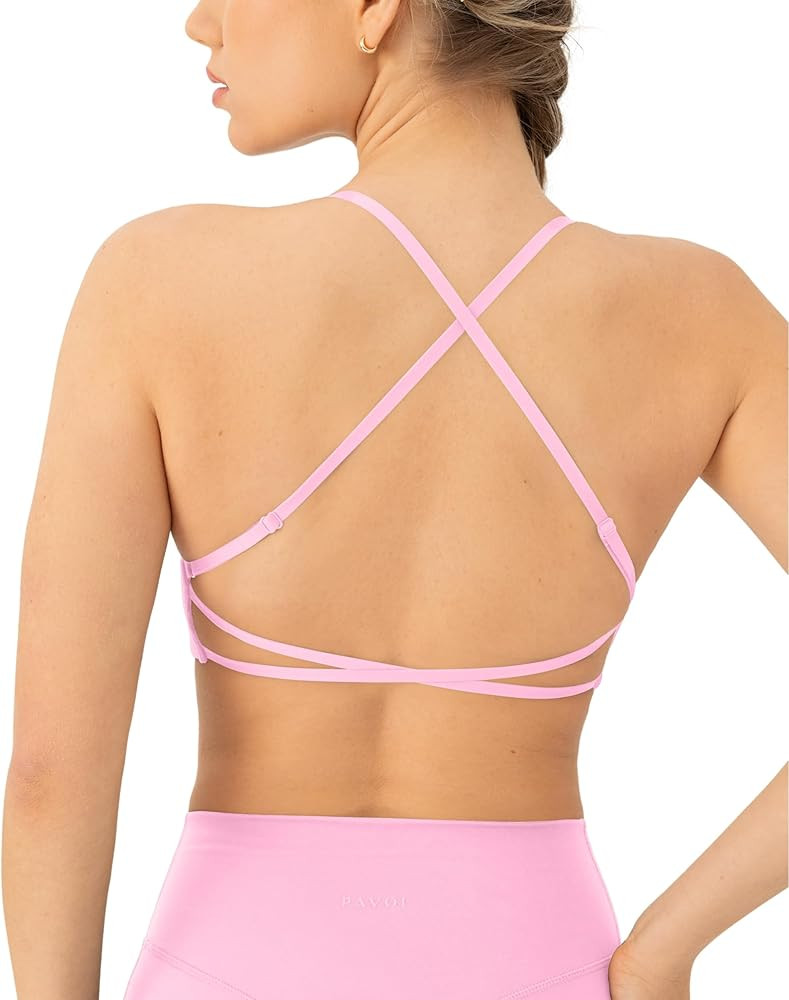 Open Back Strappy Yoga Workout Bras for Women - Low Support Criss-Cross Sports Gym Bra Removable ... | Amazon (US)
