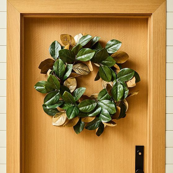 Faux Metallic Magnolia Wreath, Green/Gold | West Elm (US)
