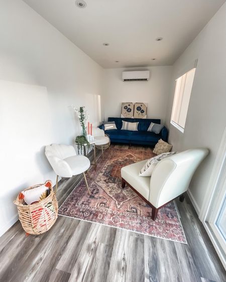 small container home project - pickle ball club house - client wanted a fun vintage boho feel in here. velvet sleeper sofa, oriental rug, leather chair, velvet chair set  

#LTKsalealert #LTKstyletip #LTKhome