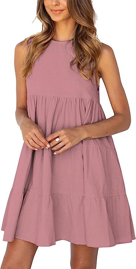 KIRUNDO Women’s Summer Sleeveless Round Neck Casual Loose Mini Dress Cute Solid Color Flowy Swi... | Amazon (US)