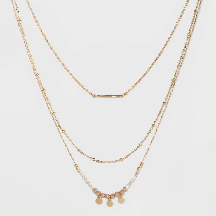 Three Rows Seed Bead and Hanging Coins Layered Necklace - A New Day™ Gold | Target