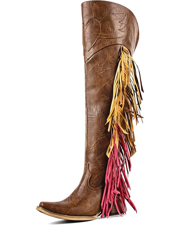 MissHeel Over Knee Cowboy Boots for Women with Fringe Adjustable Thigh High Cowgirl Boot | Amazon (US)
